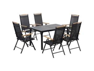 Salon de jardin pliable 6 personnes, table + 6 chaises, aluminium, maille, noir