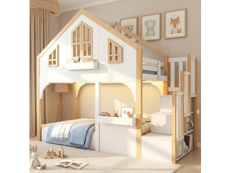  Lit superposé enfant 90x200 cm avec escalier de rangement et led, blanc et bois naturel  - Conforama D