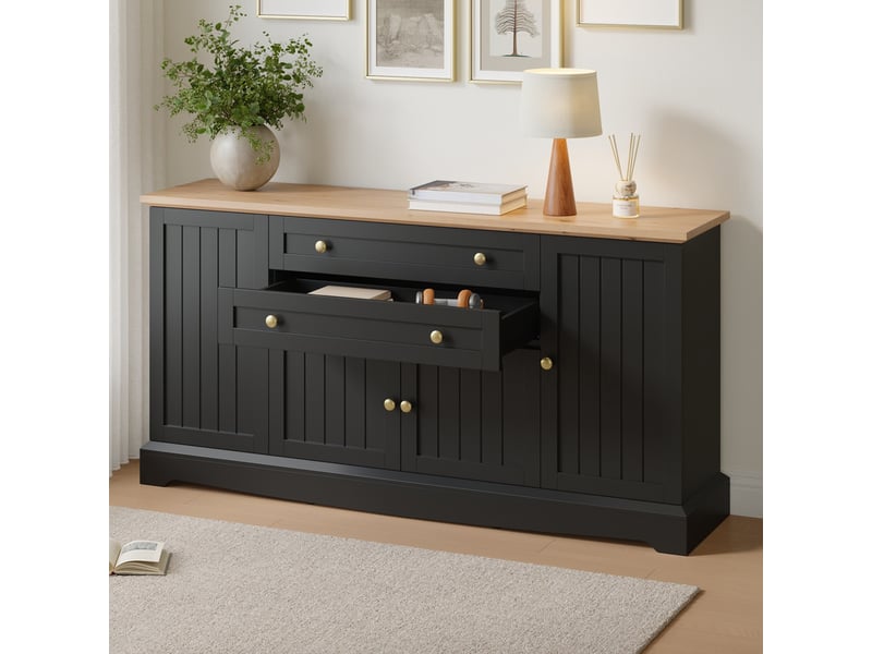  Commode 4 portes et 2 tiroirs, 160 x 38 x 78,5 cm, tablettes ajustables, poignées en fer, design contemporain à lamelles, noir  - Conforama D