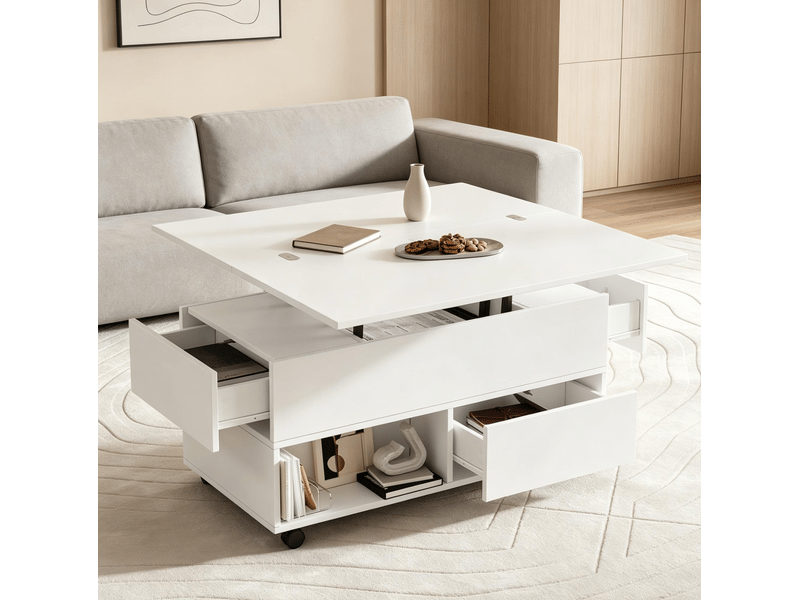  Table basse relevable hydraulique 100x50x52 cm avec 4 tiroirs et roulettes en panneaux de particules blancs  - Conforama B