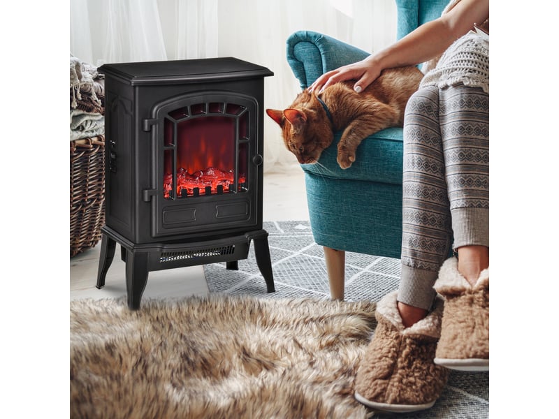  Cheminée électrique à effet flamme, 10002000 w, température réglable et protection contre la surchauffe, surface de couverture 20-25 m², 39 x 24 x 56,5 cm, noire  - Conforama B