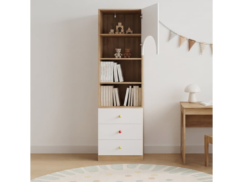  Bibliothèque haute avec 3 tiroirs et 3 étagères, 50 x 50 x 200 cm, mdf blanc et bois  - Conforama W