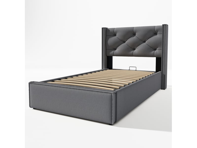  Lit coffre adulte 90x200 cm – gris – sommier relevable hydraulique, rangement et matelas h3 inclus  - Conforama D