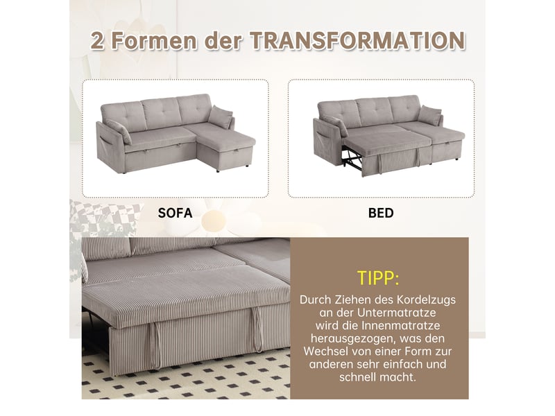 Canapé d'angle convertible 3 places,206x108x66cm,canapé-lit 3 places envelours côtelé avec lit gigogne,méridienne réversible rangement,gris clair - Conforama W