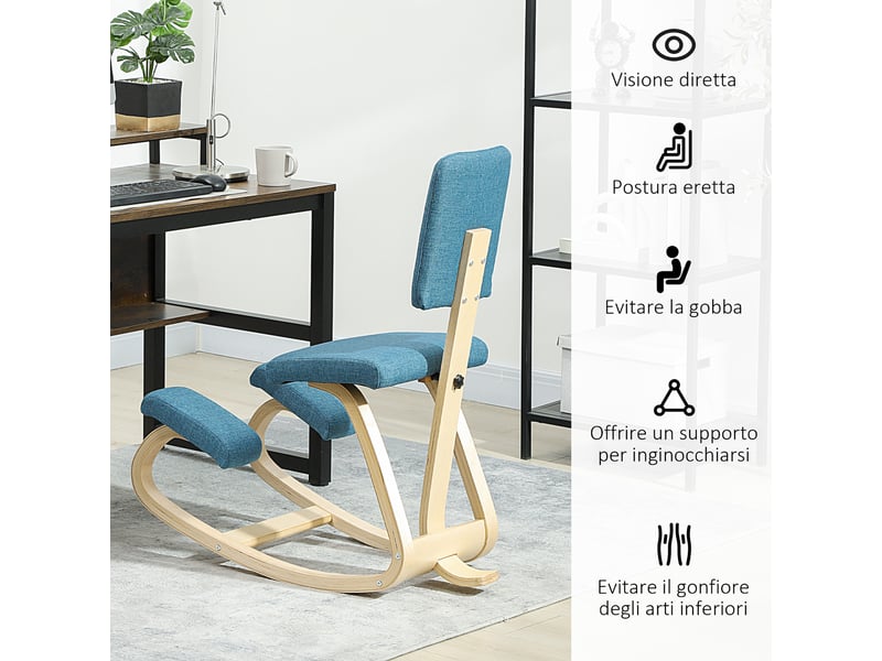 Chaise ergonomique à genoux basculante avec dossier, tissu bleu et bois clair 51x84x93 cm  - Conforama R