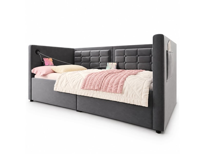  Lit coffre tcqpz 90 x 200 cm gris velours avec recharge usb et type-c avec sommier à lattes  - Conforama A