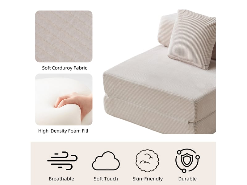 Canapé convertible 1 place 92,5 x 92,5 cm – blanc – velours côtelé, couchage 185 cm prêt à déplier - Conforama E