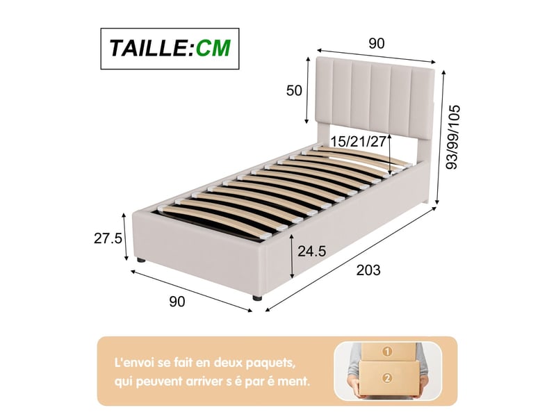  Lit coffre 90 x 200 cm - tissu lin beige - rangement hydraulique et tête de lit réglable  - Conforama C