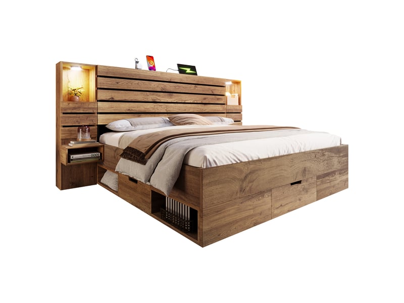  Lit double 180x200 cm avec 3 tiroirs, led et usb-c, effet chêne  - Conforama A