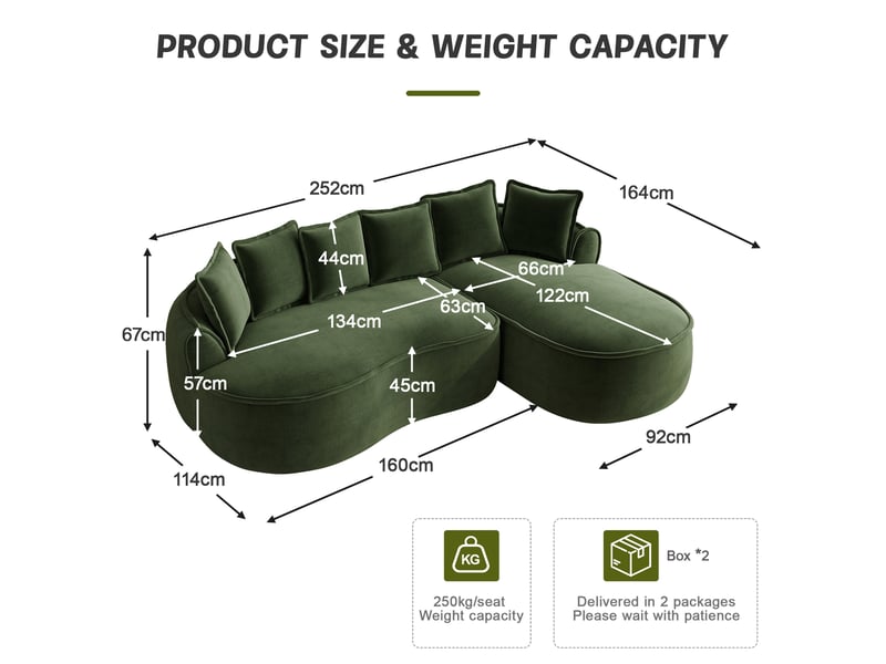 Canapé d'angle modulable avec assise profonde, soutien ergonomique et coussins, en chenille vert - Conforama E