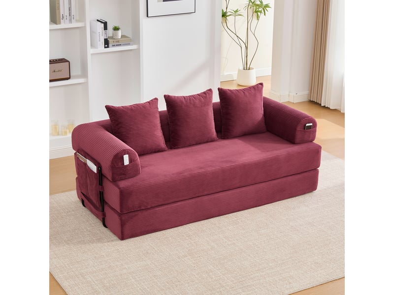 Canapé-lit 3 places convertible canapé au sol canapé modulable canapé compressé en velours côtelé avec structure en métal, rouge - Conforama C