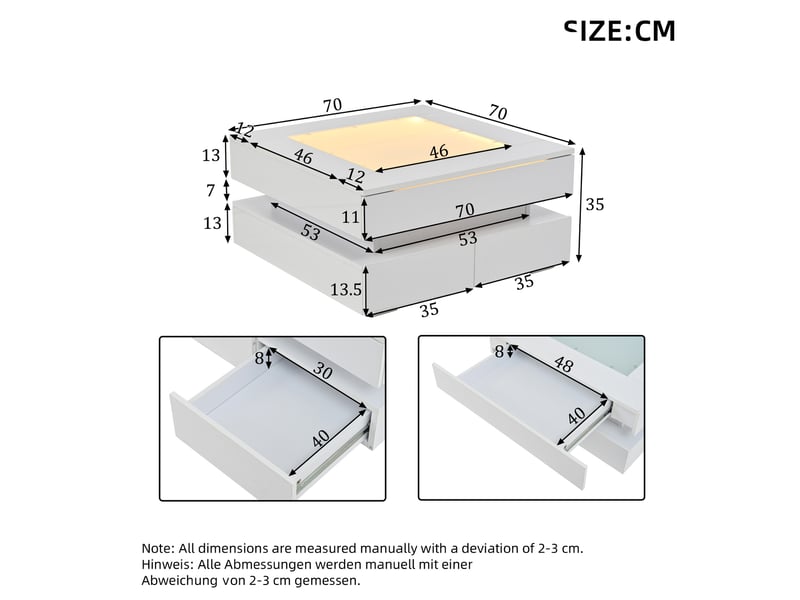  Table basse carrée 70x70x35 cm led intégrée 3 tiroirs plateau verre trempé laqué brillant panneau de particules blanc  - Conforama C