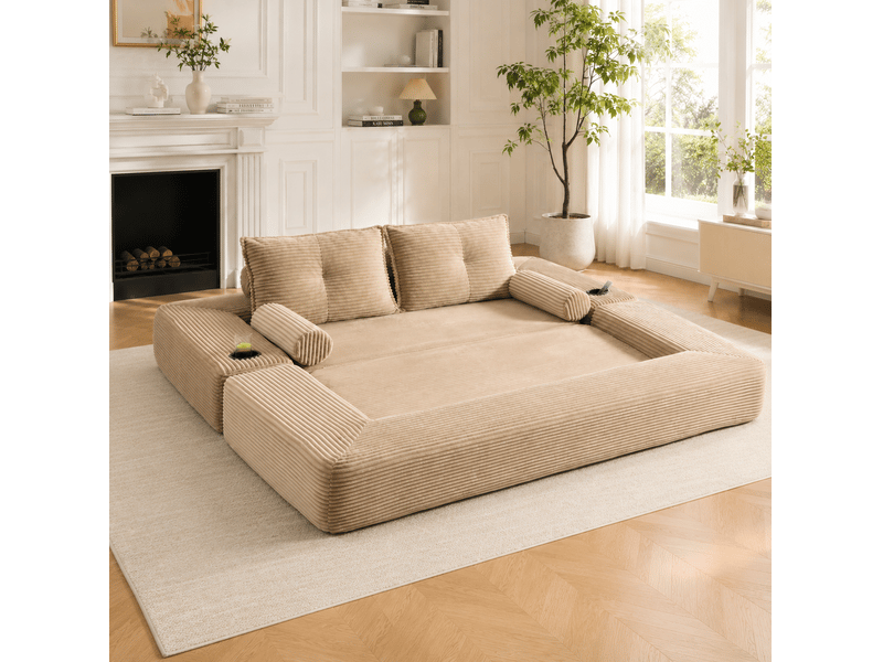 Canapé convertible 2 places en velours côtelé beige avec poches latérales et porte-gobelets - Conforama B
