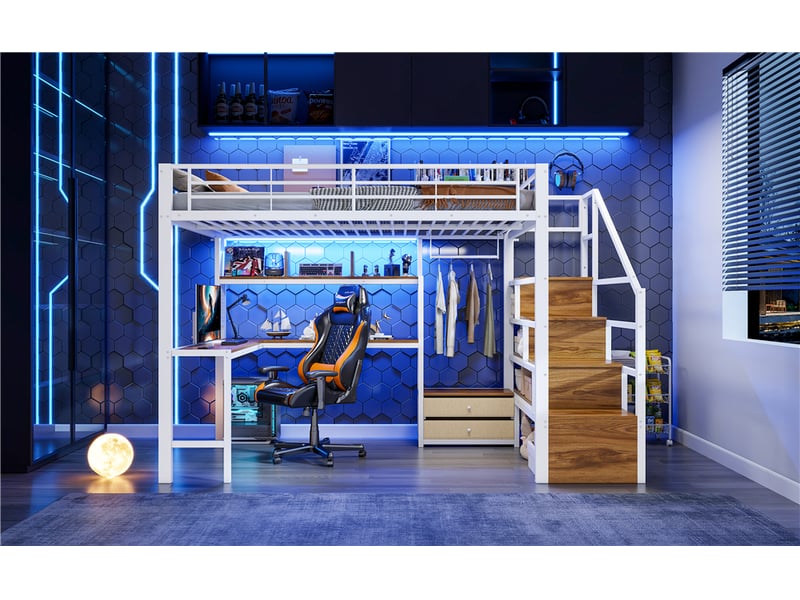  Lit mezzanine gaming 140x200 cm avec 2 tiroirs, escalier de rangement, bureau, led réglable par appli et tringle à vêtements, métal, blanc Morn Vibe - Conforama B