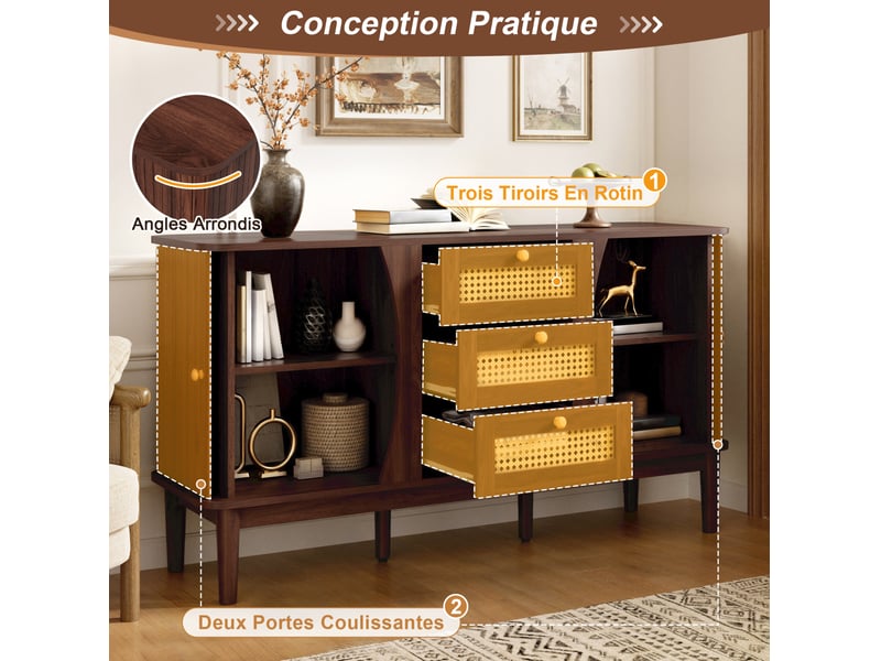  Buffet 141 x 40 x 77 cm – noyer foncé – 3 tiroirs en rotin, portes coulissantes et étagères réglables  - Conforama D