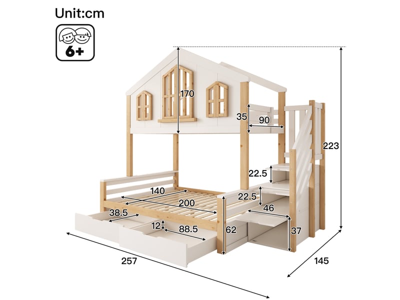  Lit superposé maison 90x200 et 140x200 cm avec rangements blanc et bois naturel  - Conforama C