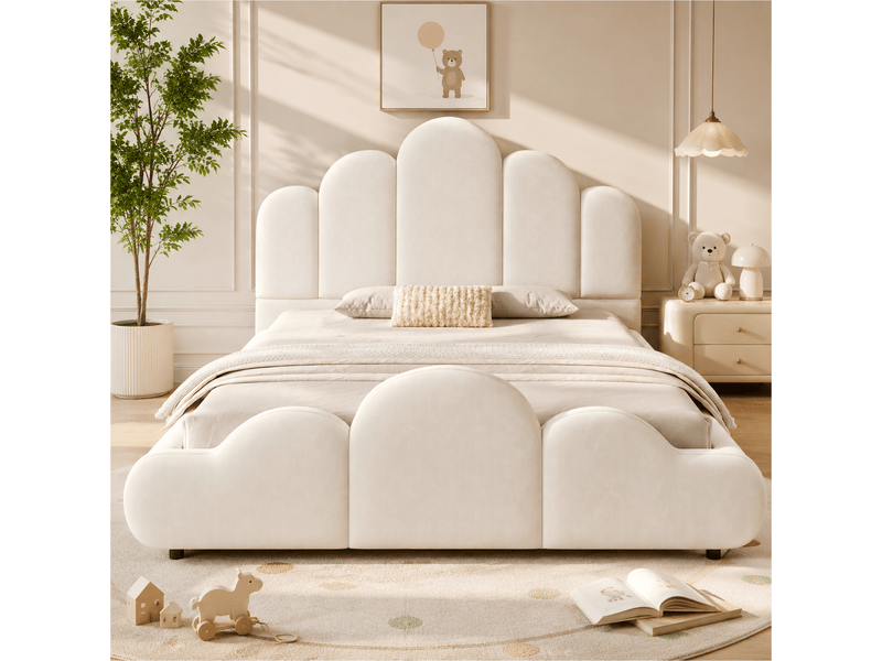  Lit enfant 140x200 capitonné en velours beige - design nuage et coins arrondis  - Conforama W
