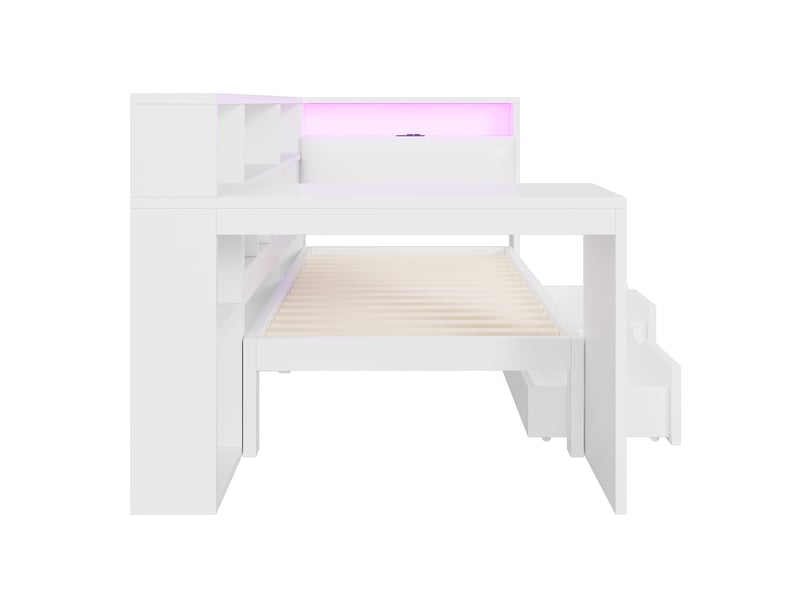  Lit combiné simple en mdf, avec bureau, rangements et led, 200×90 cm, blanc  - Conforama E