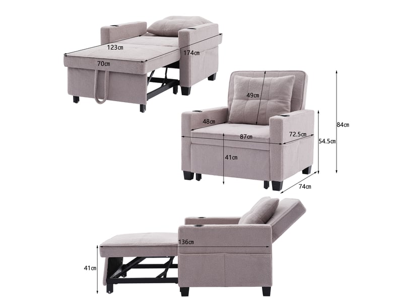 Fauteuil convertible 3-en-1 avec dossier réglable et port usb  - porte-gobelets, bois et métal - gris  - Conforama D