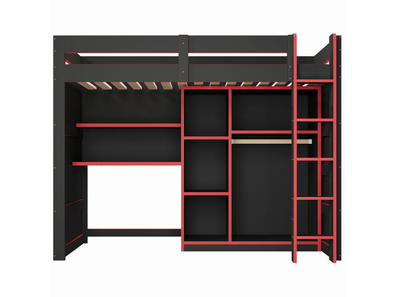 Lit mezzanine enfant 90 × 200 cm avec bureau, armoire, led et usb, sans matelas, noir et rouge - Conforama E