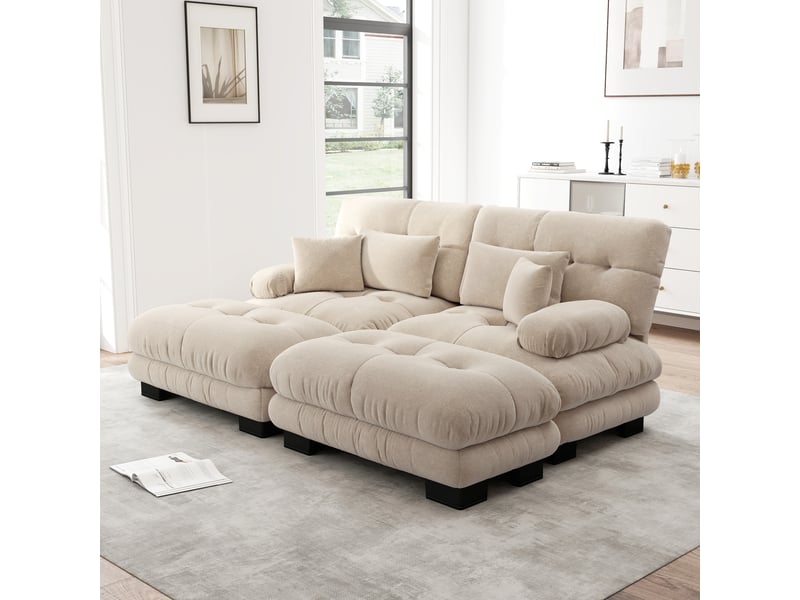 Canapé modulaire avec ottomans et coussins de soutien pour salon en chenille marron clair - Conforama D