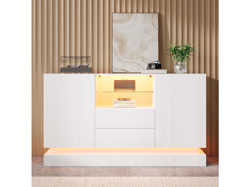 Buffet 140x40x80 cm avec led, 2 tiroirs et 2 portes blanc brillant - Conforama D
