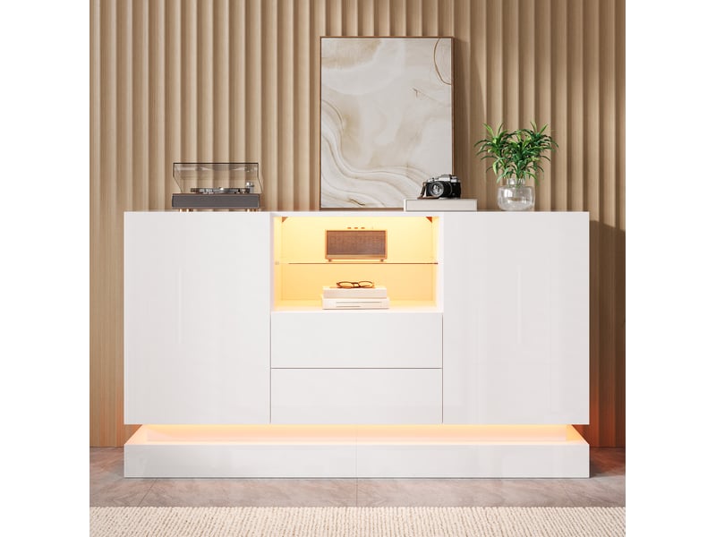  Buffet 140x40x80 cm avec led, 2 tiroirs et 2 portes blanc brillant  - Conforama D