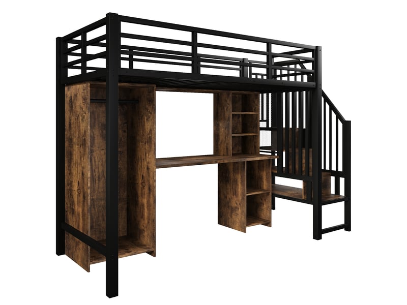  Lit mezzanine noir 90 × 200 cm, bureau, armoire, rangements et escalier intégré  - Conforama E