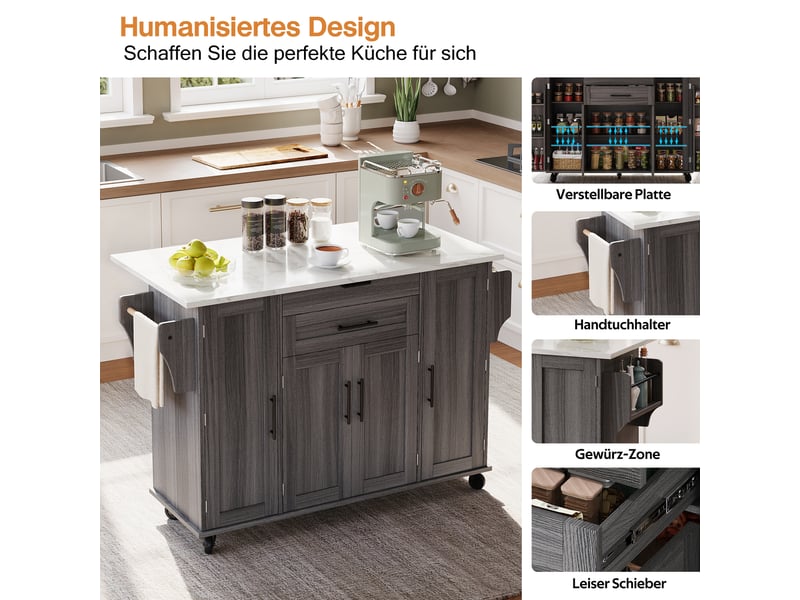  Îlot de cuisine mobile 136 × 4570 × 92 cm en mdf, plateau extensible, étagères réglables, tiroir caché et porte-serviette  - Conforama D