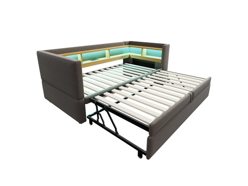  Lit banquette rembourré extensible 90x190 à 180x190 cm avec rangements, led multicolore, prises électriques, sommier à 24 lattes, flanelle gris foncé Radiant Stride - Conforama A