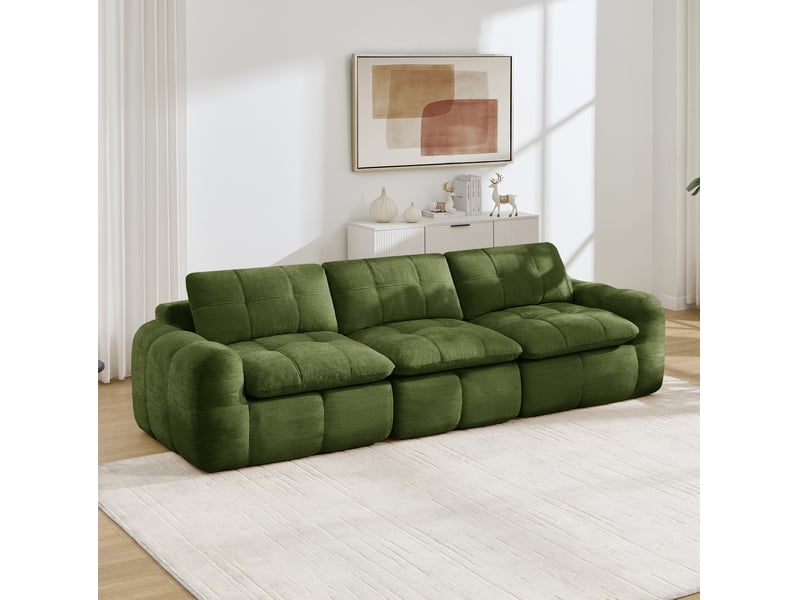  Canapé modulaire 3 places sans cadre avec assise ergonomique et matelassage quadrillé en chenille vert  - Conforama D