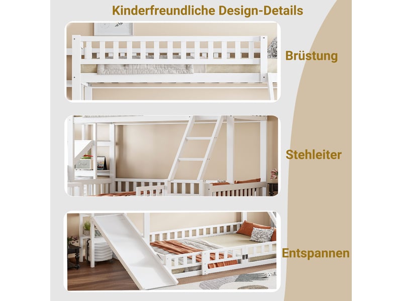 Lit superposé enfant 140×200 et 90×200 cm, toboggan et étagères - sans matelas, pin et mdf - blanc - Conforama E