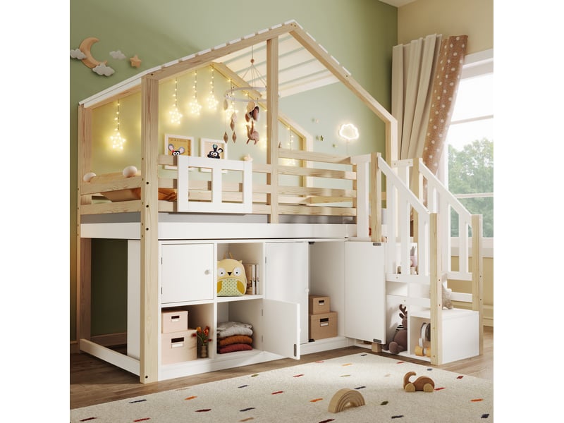  Lit mezzanine enfant 90x200 cm avec rangements et escalier blanc et naturel  - Conforama B