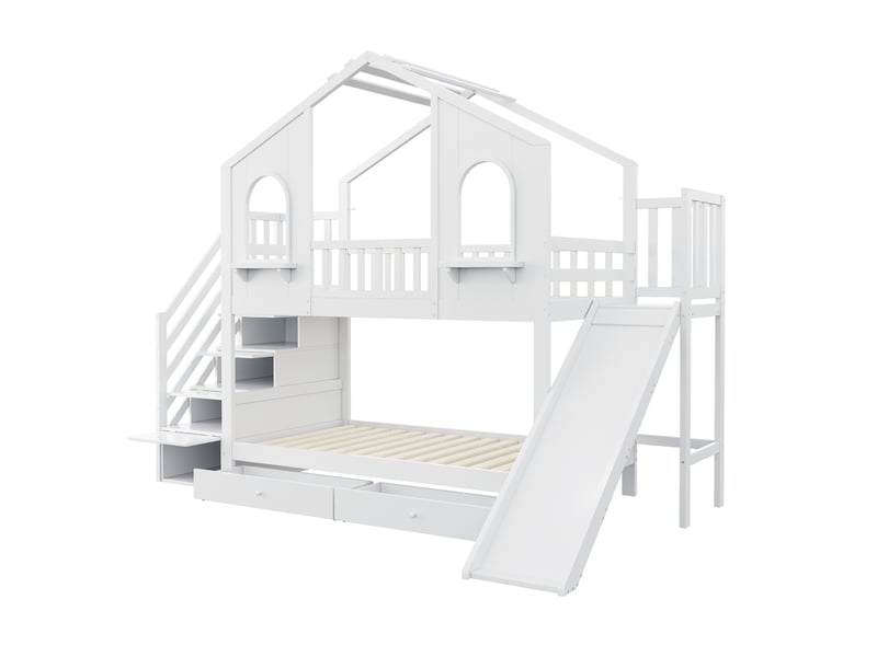 Lit superposé enfant style maisonnette blanc 90x200 cm, échelle rangement, toboggan et tiroirs - Conforama E