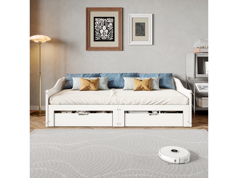  Canapé-lit pour enfant 90180 x 200 cm, lit de sol en bois avec sommier à lattes et 2 tiroirs, lit gigogne simple et double, lit fonctionnel avec cadre de lits pour enfants  - Conforama D