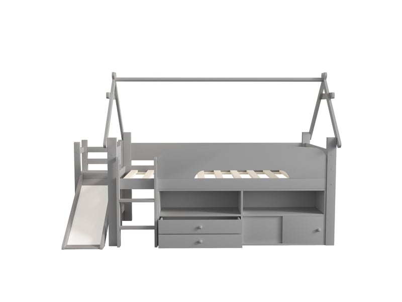 Lit enfant moderne 90 x 200 lit simple avec toit toboggan intégré rangements espace jeu sécurité bois gris sans matelas  - Conforama E