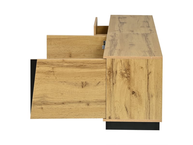 Meuble tv 180 x 35 x 45 cm avec éclairage led, 2 tiroirs et 2 portes, étagère en verre trempé, espaces ouverts, mdf, aspect bois - Conforama E