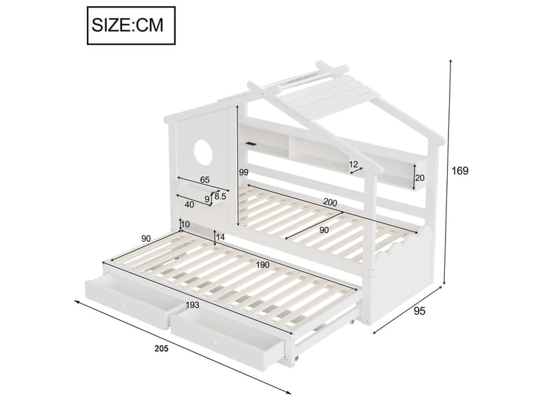  Lit gigogne, 90x200 cm + 90x190 cm, avec deux tiroirs, ports de chargement usb et type-c, éclairage led, structure à ossature bois, blanc  - Conforama C