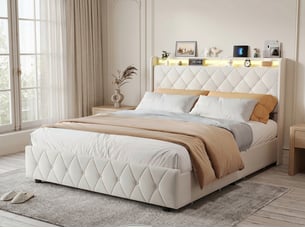 Lit 2 places 160x200 cm - avec éclairage led - tête de lit avec étagère - similicuir pu beige - sommier à lattes inclus