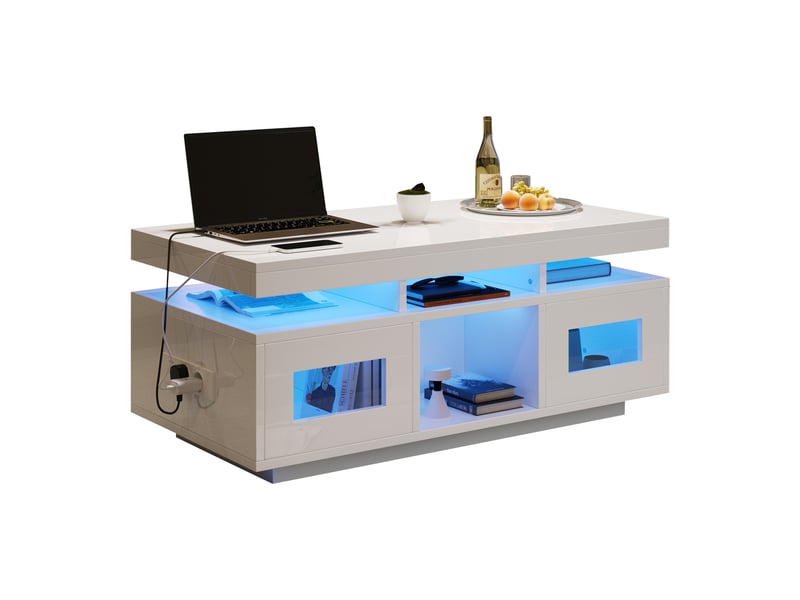  Table basse rectangulaire 100x50x43 cm avec rangement, éclairage led, prise européenne et usb, 2 portes et niches ouvertes en panneaux de particules - blanc  - Conforama A