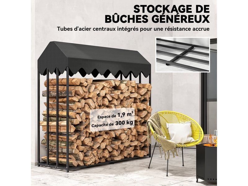 Range-bûches extérieur avec housse oxford 600d, acier noir, 186 x 70 x 185 cm, charge 300 kg - Conforama R