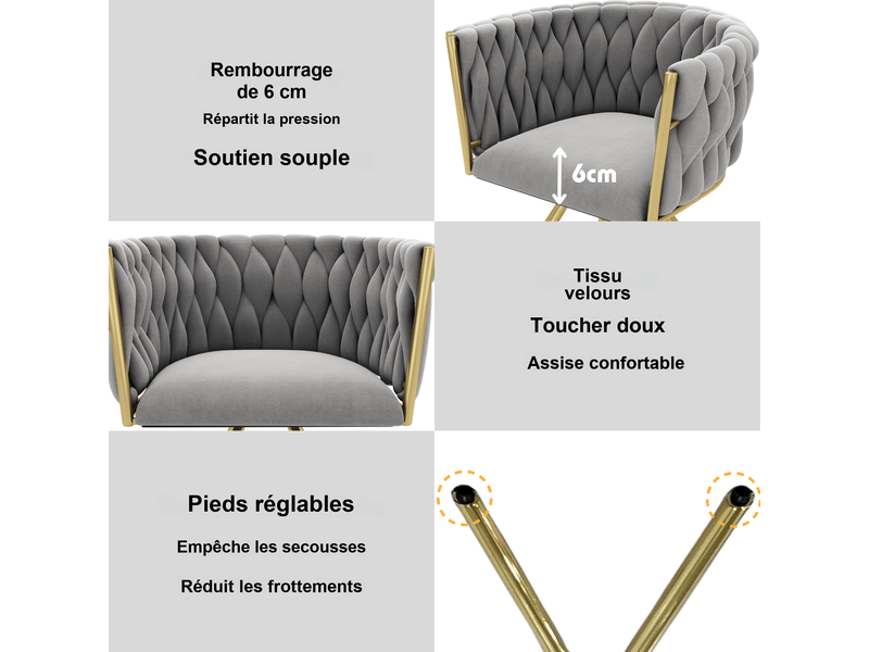 Lot de 4 chaises pivotantes 360° en velours gris, piètement métal doré, dossier enveloppant, salle à manger - Conforama D