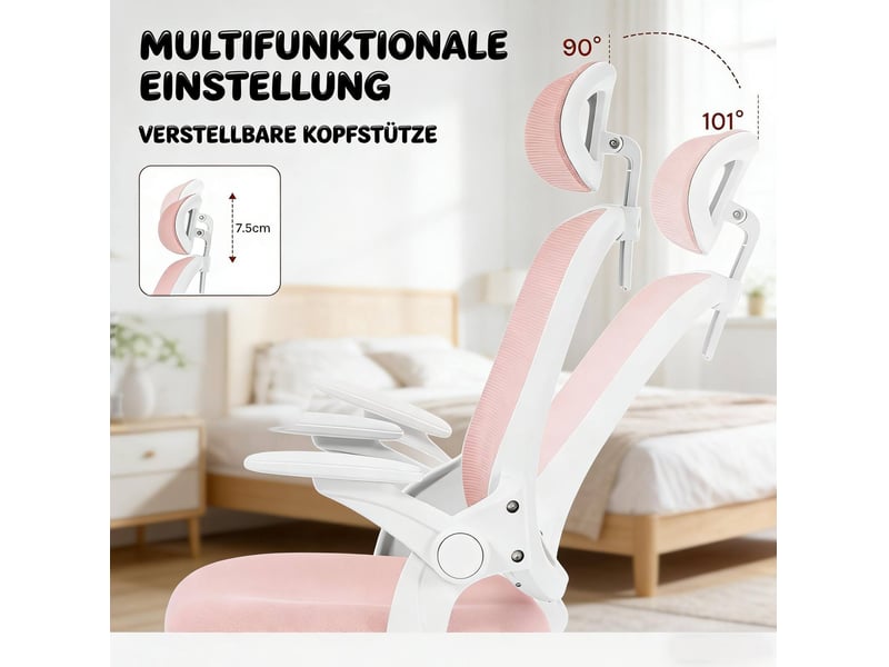  Chaise de bureau ergonomique rose à dossier haut avec appuie-tête réglable, accoudoirs 3d et fonction bascule  - Conforama E