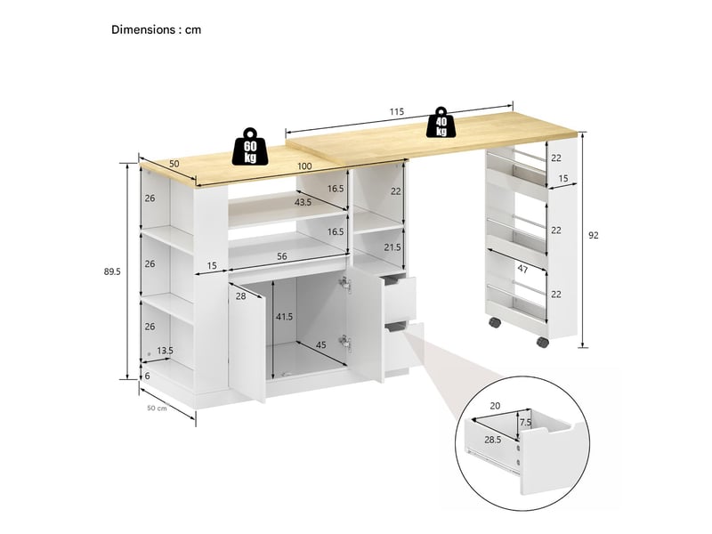 Îlot de cuisine avec plan de travail extensible mdf blanc et naturel 115x50x92 cm - pangivo  - Conforama C