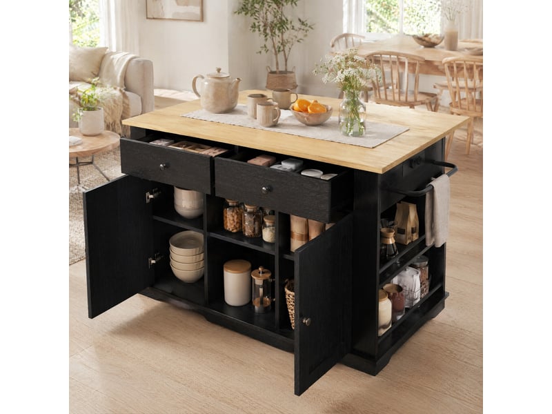  Îlot de cuisine mobile avec plateau rabattable et prises intégrées - lpospi - 2 tiroirs, 6 niches, mdf noir et naturel  - Conforama C