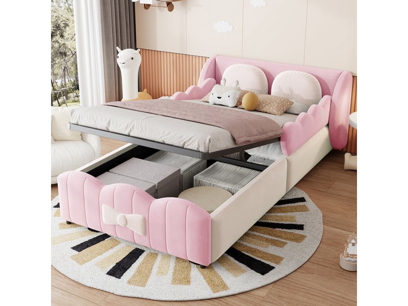  Lit coffre enfant 1 place 90×200 cm, rangement hydraulique et coussins - okmyhome- velours rose, sans matelas  - Conforama B