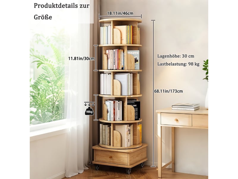  Bibliothèque tournante - 46x46x173cm - 6 niveaux avec tiroir et roulettes - étagère à livres ronde gain de place - bois naturel  - Conforama E