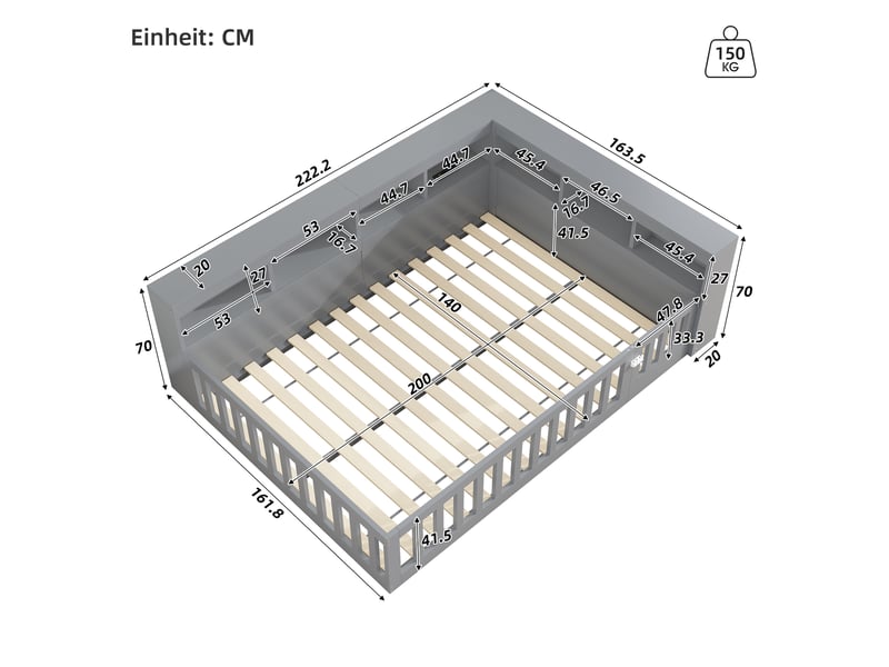  Lit enfant 140x200 cm, canapé-lit,  rangement, prise et usb, sommier, aggloméré, gris, sans matelas  - Conforama C