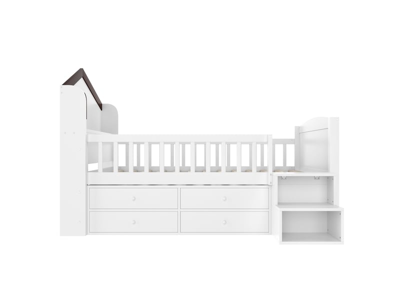 Lit surélevé forme maison avec 4 tiroirs, led et escalier rangement, blanc, 90x200 cm - Conforama A