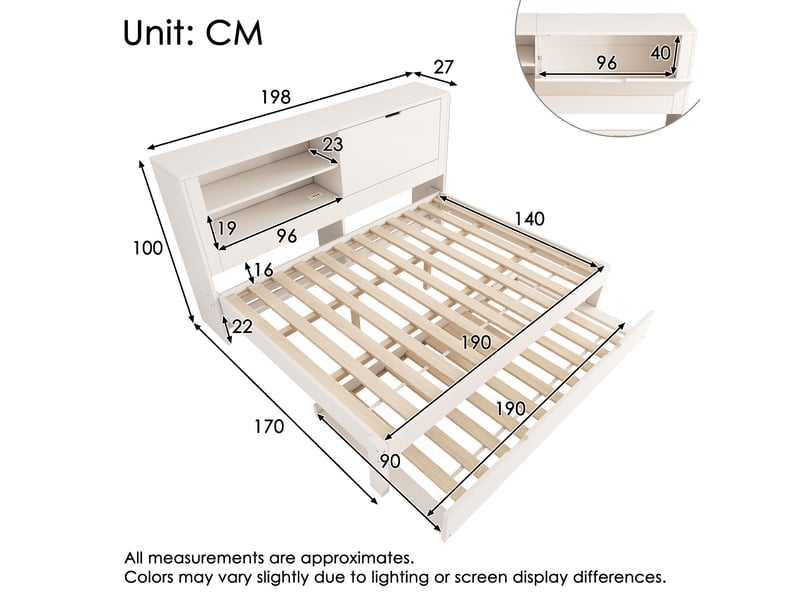 Lit banquette 140x190 cm avec lit gigogne 90x190 cm-rangement intégré et usb-c-tête de lit avec étagères-sommier à lattes-blanc - Conforama C